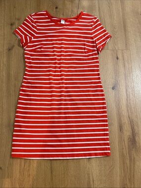 Old Navy Red and White Striped Midi T-Shirt Dress
